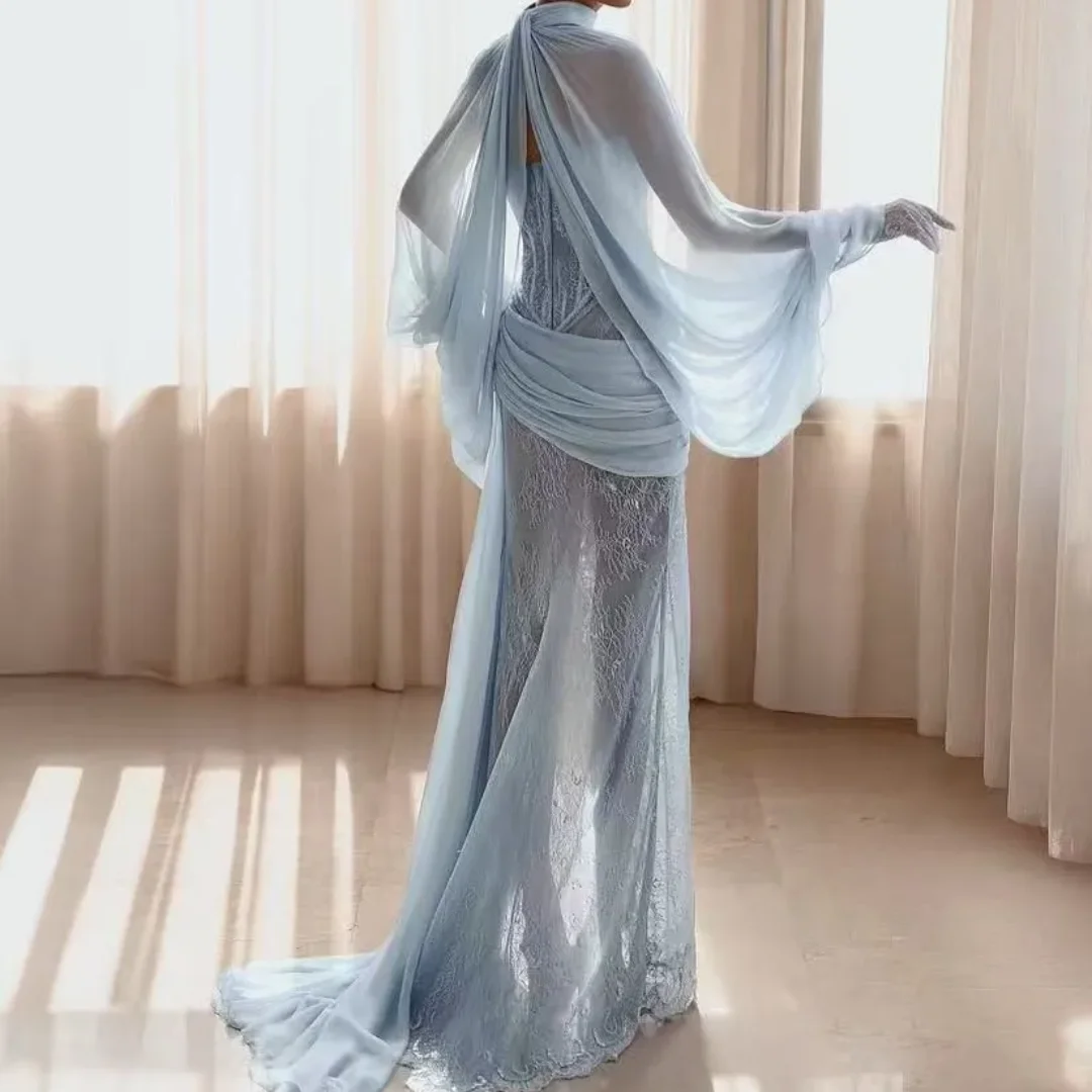 Beaded Lace Gloves Sexy Formal Gowns Cloak Split Sheer Transparent Prom Dress Chiffon Overlay Stunning Sky Blue Women Dresses