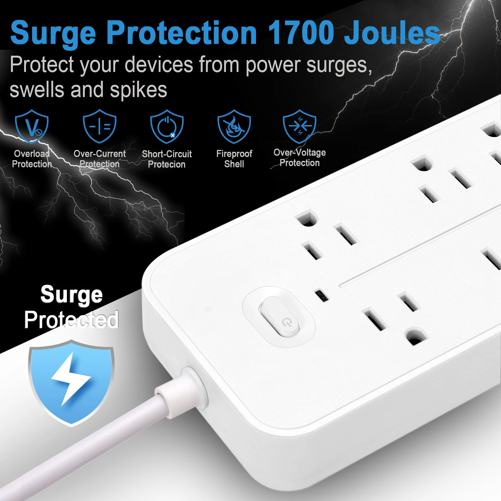 10-in-1  Protector Power Strip with USB Ports 3.9 ft Cord Multifunctional   Automatic Shutoff Powerstrip with 6 AC Outlets 2 USB
