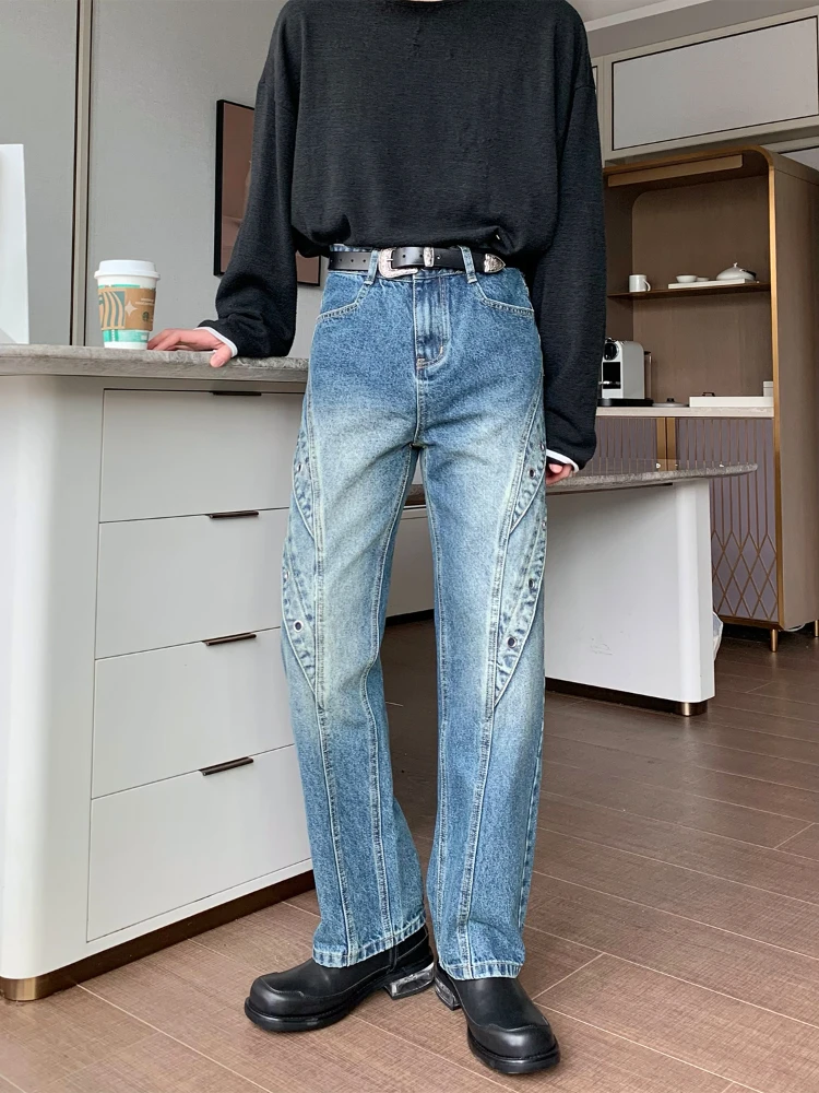 Vaqueros empalmados de pierna ancha para hombre, estilo coreano, Hipster que combina con todo, holgado, de cintura alta, para uso diario, S-3XL vaquero Retro básico