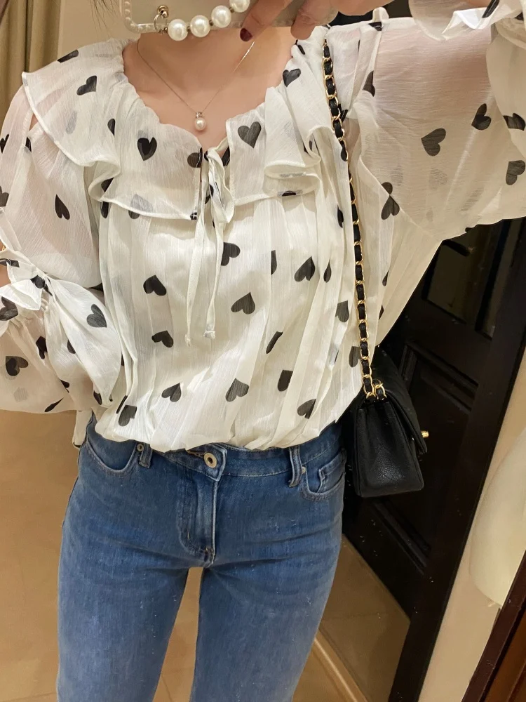 

Spring Summer New Sweet Sle Long Sve Printed Che Sun Protection irt Ne Design Korean Version Rose Print Women's ...