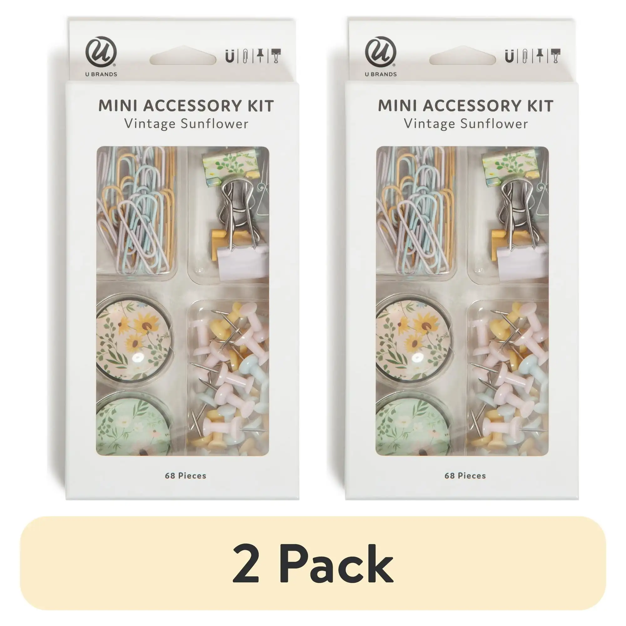 

(2 pack) U BRANDS Office Accessory Kit, 68 Count, No. 3 Paper Clips, Vintage Yellow Sunflower