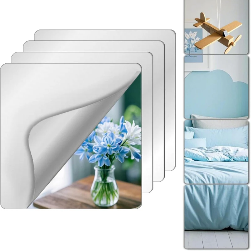 4-Pack Shatterproof Mirror Tiles, 10x10 Inches, Stickable on Walls, Suitable for Decorative Mirrors and Small Sticky Mirrors