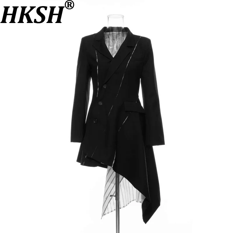 

HKSH 2026 Spring Autumn New Women Blazer Dress Asymmetric Diagonal Buckle Patchwork Striped Waist Cinching Ins Long Jacket H2772