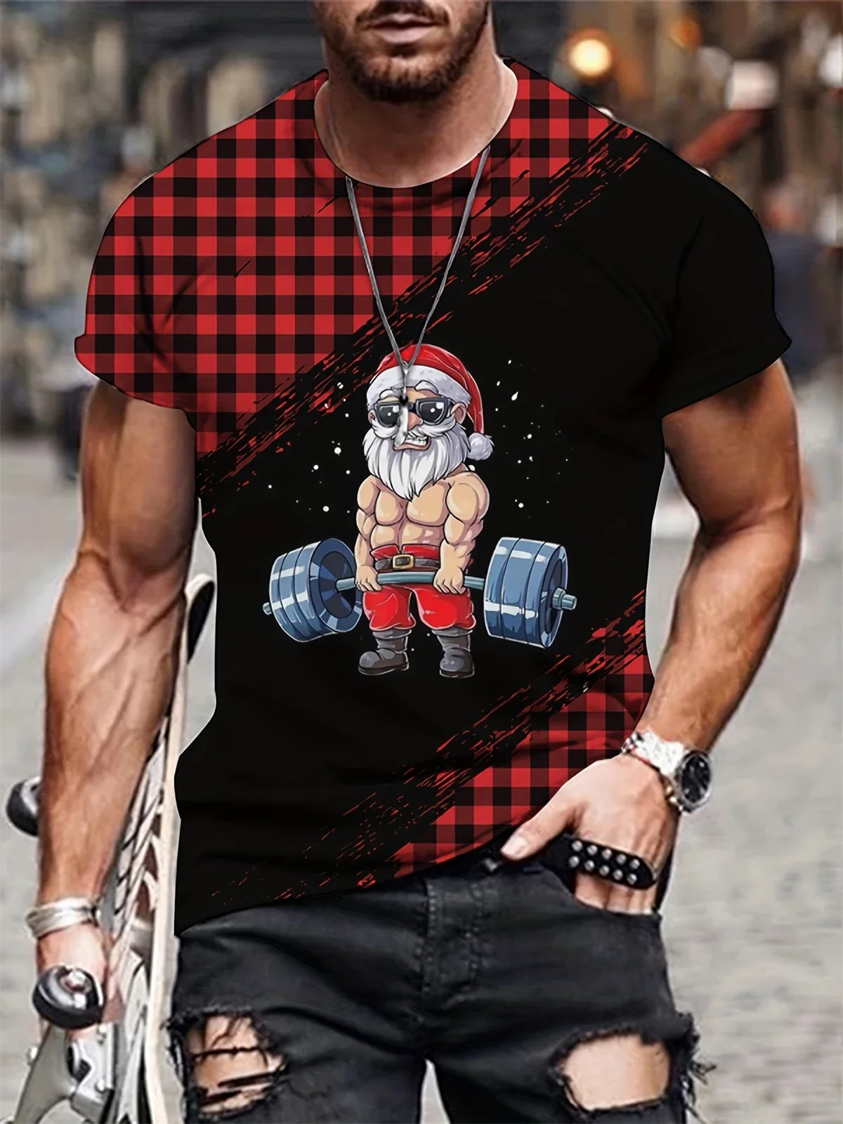 Men's Santa Graphic Print T Shirt Christmas Crew Neck Tops Funny T Shirts Short Sleeve Oversized Gym T-Shirt Man Fashion Clothes