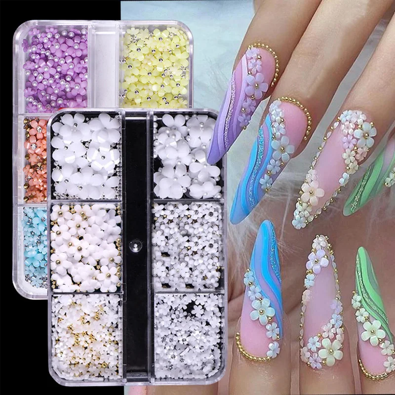 Hot Selling 6 Grids Macaron 3D Resin Five-petal Flowers Nail Art Deaoration Mixed Small Nail Ball/Crystal/Flamer Accessories