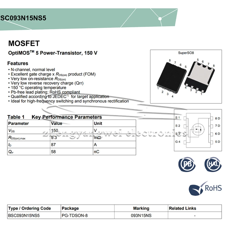BSC093N15NS5 Silk Screen 093N15NS 5PCS TDSON-8-EP (5x6) 87A150V N-Channel 150V Power Transistor MOSFET