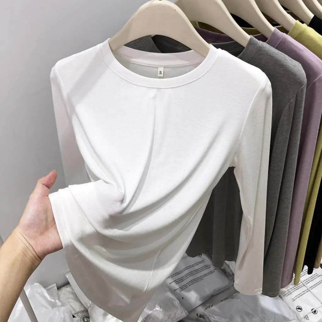 

Women's European-made Long-sleeved T-shirt Soft Waxy Base Thin Simple All-match Autumn Basic Mask T-shirt Inner Shirt