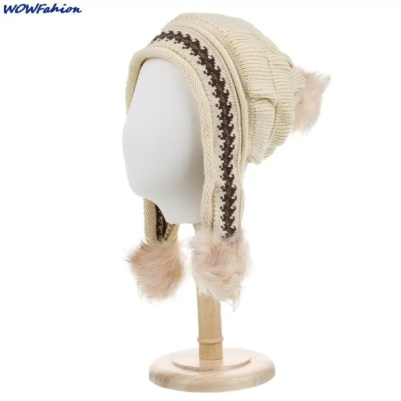 NEW Winter Warm Wool Hats for Women Simple Cute Fur Ball Hat Thickened Ear Protection Warm Cycling Women Hat Ski Cap Beanie