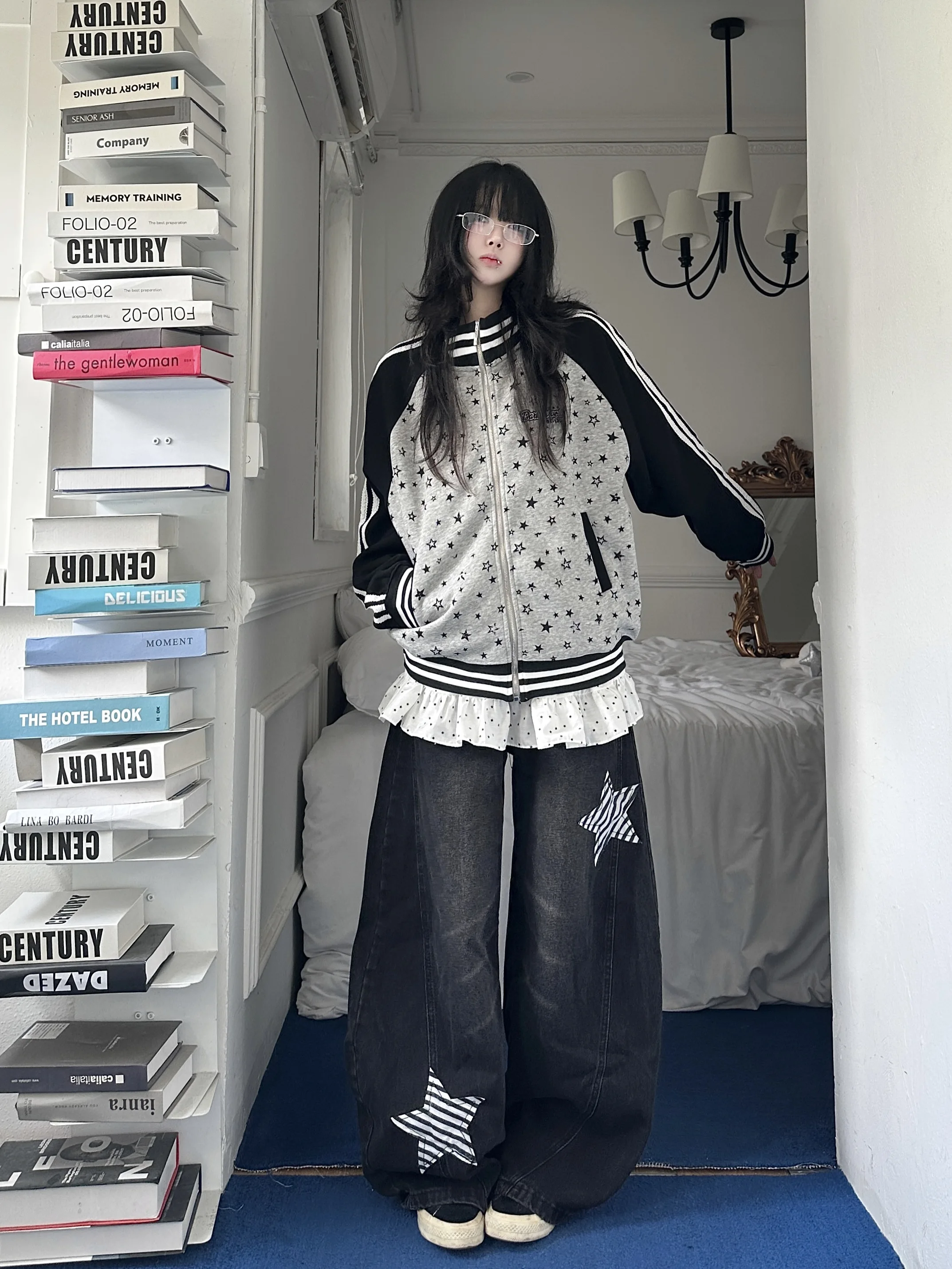 loose-women's-baseball-jaet-autumn-new-sle-curly-people-star-print-splicing-color-blo-faionable-top-cotton-polyester