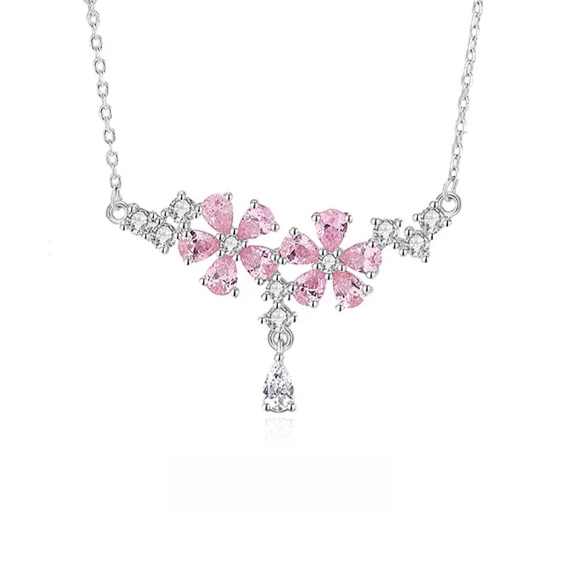 

S925 Silver Tassel Peach Blossom Necklace with Zircon Female's Light Luxury Advanced Clavicle Chain Festival Gift