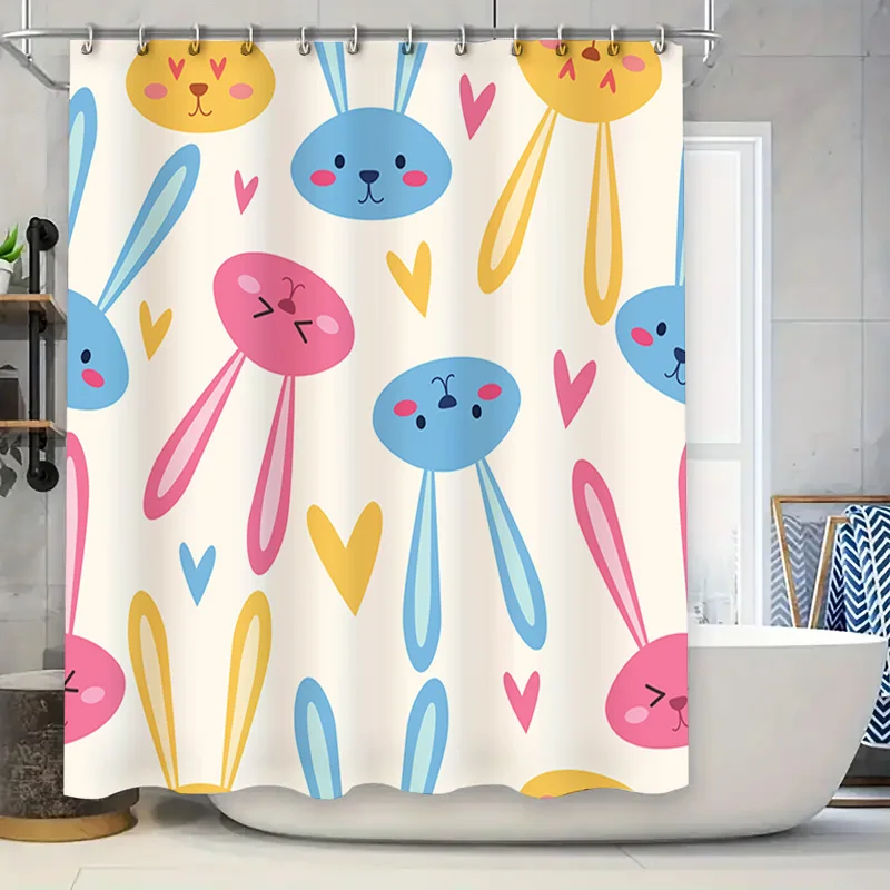 

Blue Yellow Pink Bunny Rabbit Shower Curtain for Kids Bathroom Decor Waterproof Fabric 3D Printing Home Accessories White Flower