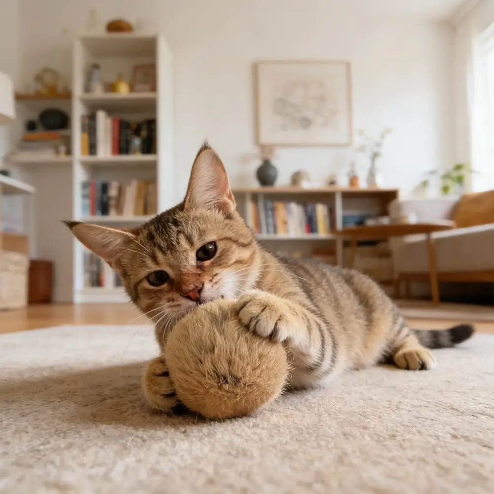 Neue 6-teilige Katzenspielzeuge aus Naturkaninchenfell, Bissfeste Interaktive Katzenminze-Spielzeuge, Leise Kaninchenfellbälle für Haustiere