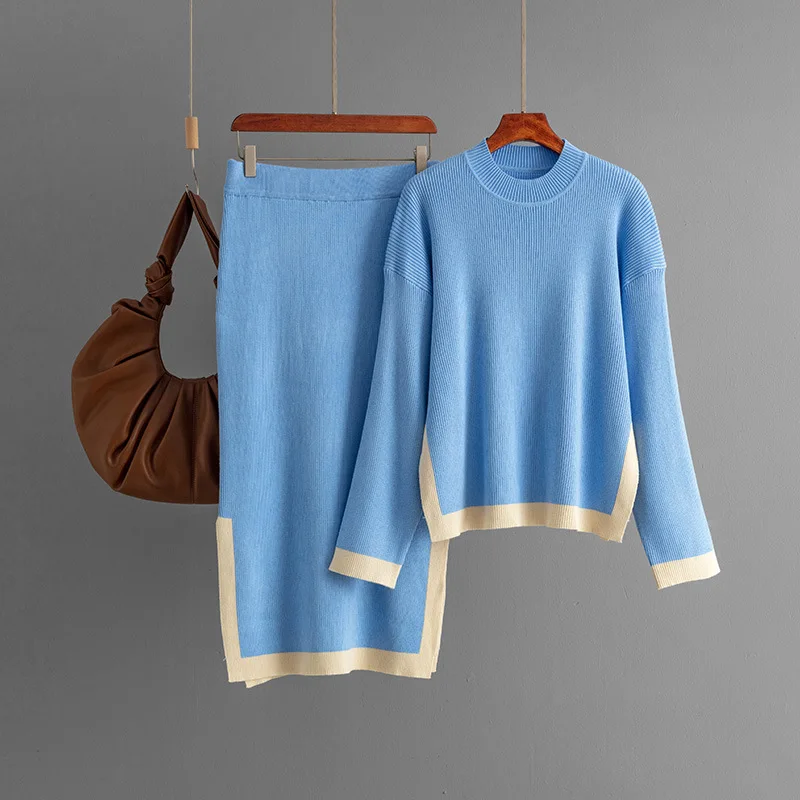 Conjuntos elegantes de dos piezas para mujer, faldas de punto, traje de otoño para mujer, nuevo diseño de moda, suéter con cuello redondo en contraste, Tops, falda dividida