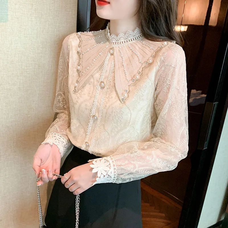 #2582 Vintage Lace Blouse Women Ruffles Collar Split Joint Buttons Chiffon Womens Tops And Blouses Long Sleeve France Style