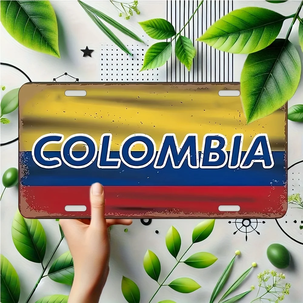 Colombia National Flag Colorway Patriotic Themed Aluminum Metal Sign 2D Flat Printing Distressed Vintage License Plate Style Wal