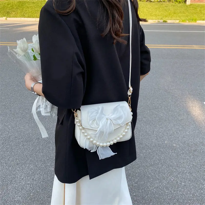 لؤلؤة الدانتيل القوس التجميع بو الجلود حقيبة حمل صغيرة للنساء الاستخدام اليومي حقيبة يد حقائب الكتف عبر الجسم، حقيبة الهاتف الفتيات في سن المراهقة