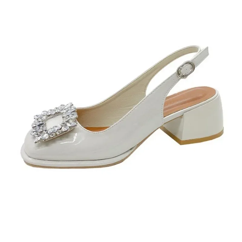 Summer New Baotou Sandals Women\'s French Retro Square Headed Water Diamond Buckle Back Hollow Thick Heel Sandals Large 42
