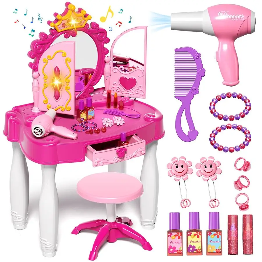 

Makeup Table with Mirror and Chair, Kids Makeup Vanity Set with Accessories and Lights and Music Sound for Girls, Toddlers 35 Y