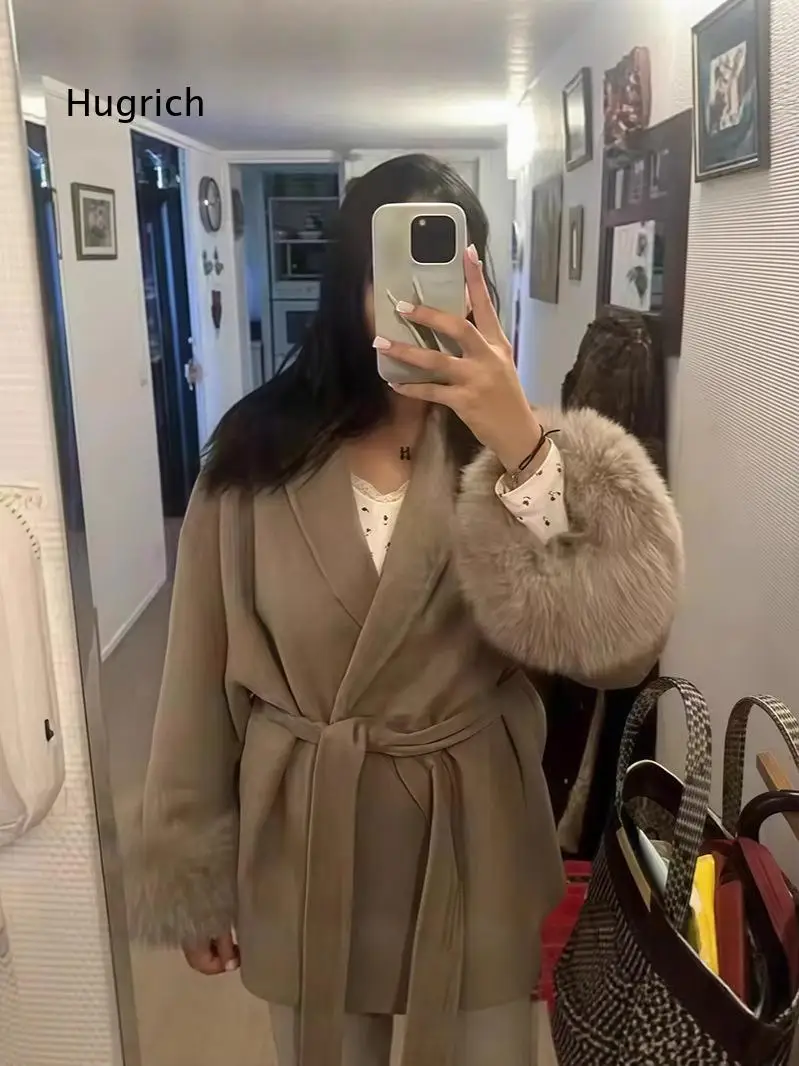 Womens Elegant Lapel Collar Tie Waist Coat Furry Cuff Detail Casual Outerwear Loose Fashion Jacket For Spring Daily Wear