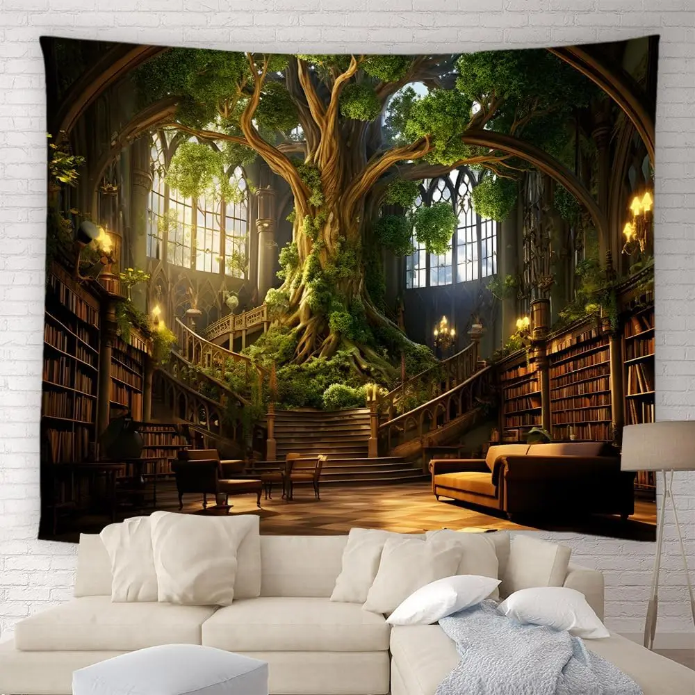 Library Tapestry Vinatge Bookshelf Magic Green Tree Forest Gothic Medieval Retro Castle Education Wall Hanging Art Decor Bedroom