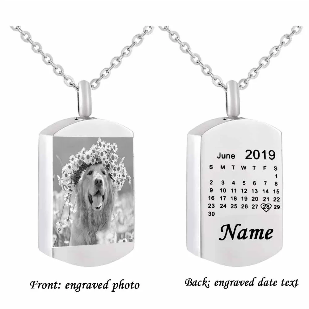 Cremation jewelry urn necklace square photo custom pendant stainless steel calendar custom ashes jewelry keepsake gift