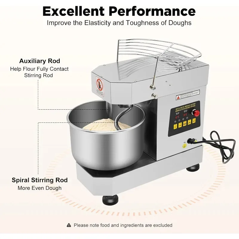 5 Quart Capacity 1000W Dual Rotating Dough Kneading Food Mixer with Stainless Steel Bowl Security Shield Commercial Home Baking