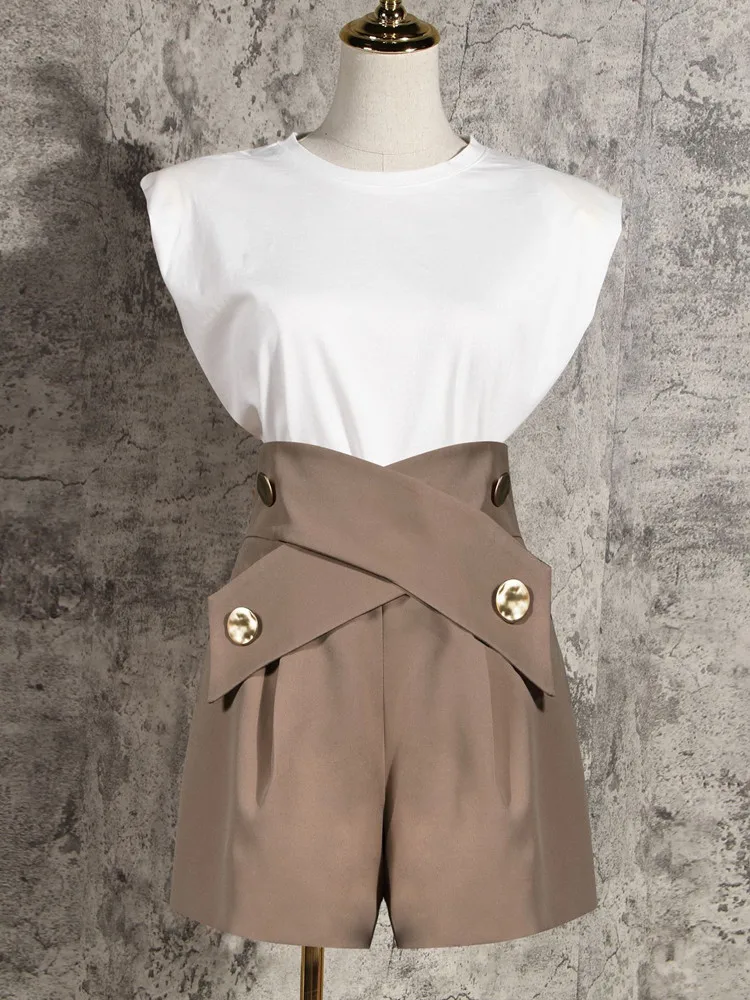 

Summer High Waist Shorts Cross Bandage Buttons Decoration Loose Wide Leg Casual Short Pants Khaki