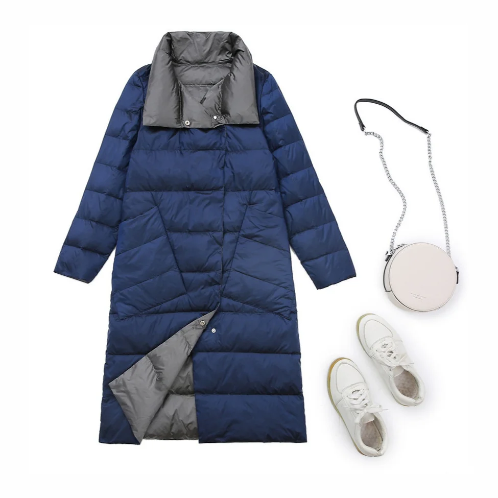 Indossare su entrambi i lati Cappotto imbottito leggero lungo bianco Du down Jaet da donna con colletto alla coreana stagione primaverile