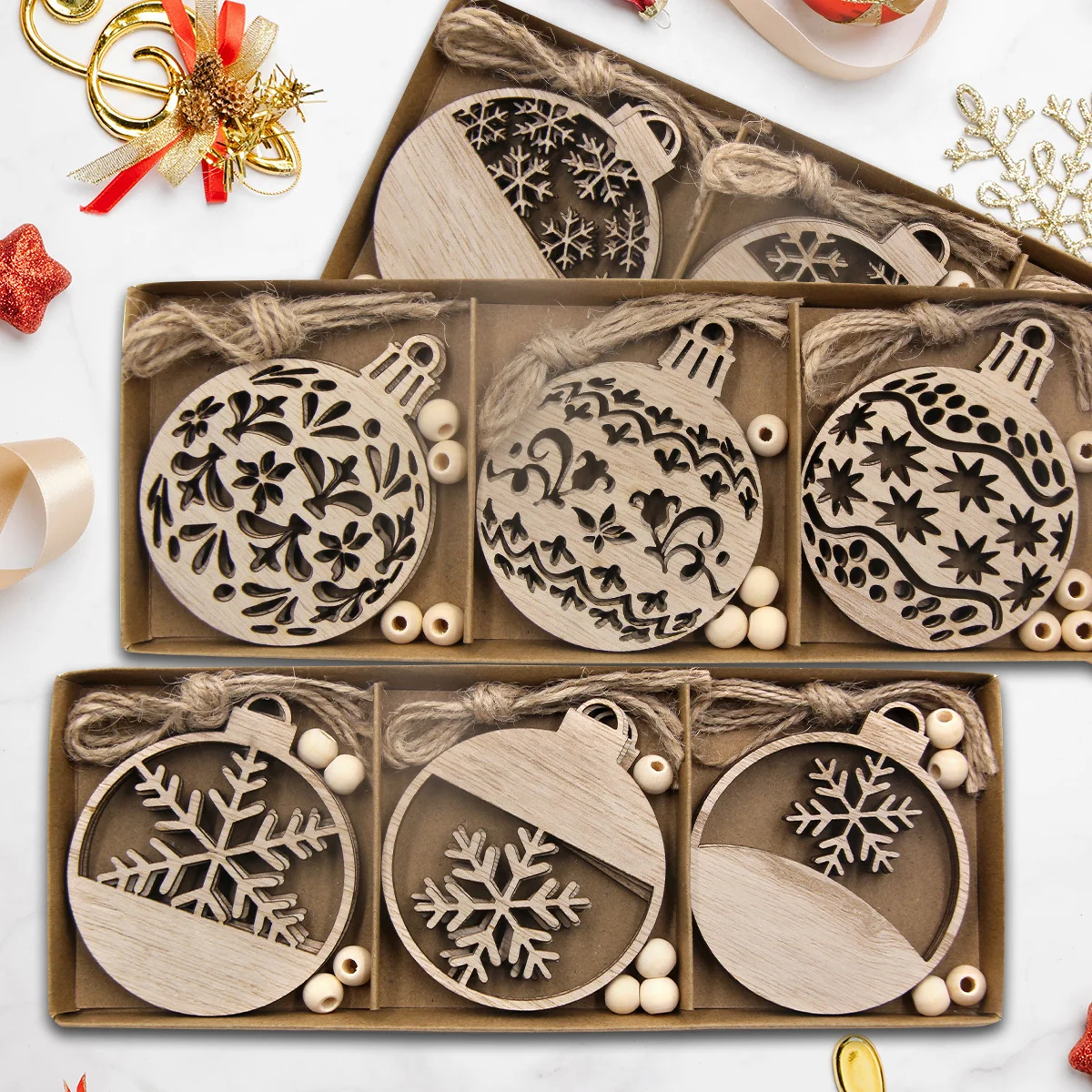 12PCS/Box Wooden Snowflake Pendant Vintage Xmas Ball Hanging Ornaments for Noel Tree Decorations DIY Gifts Wrapping Supply