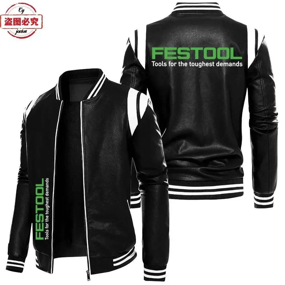 Festool Logo Printed Work Clothes Spring and Autumn Vintage Washed PU Leather Jacket Winter Plush Windproof Men's Jacket