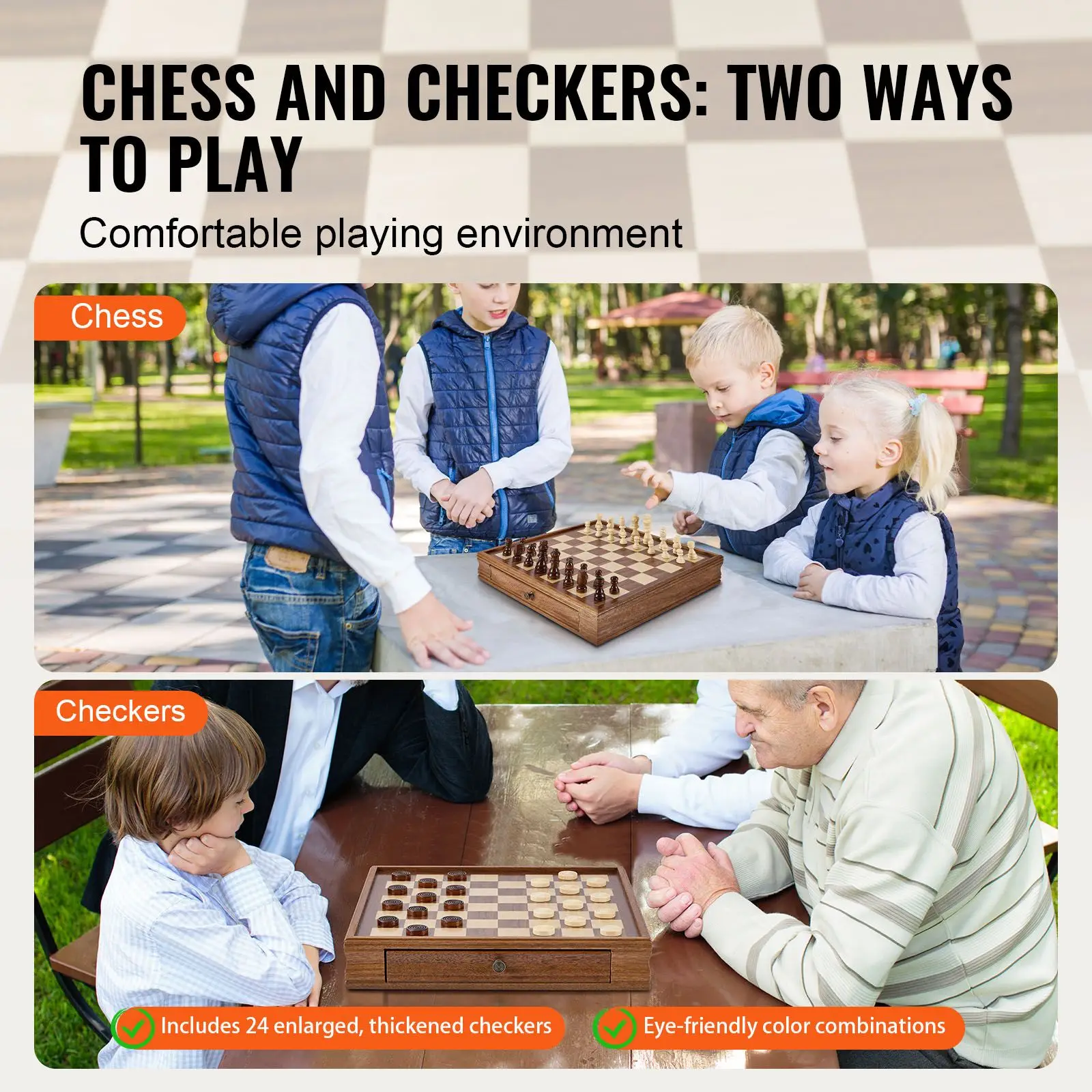 Solid Wood Chess Set, 15 Inch 2-IN-1 Chess Checkers Game Set, Chess Board Games with Storage Drawer & Weighted Chess Checkers