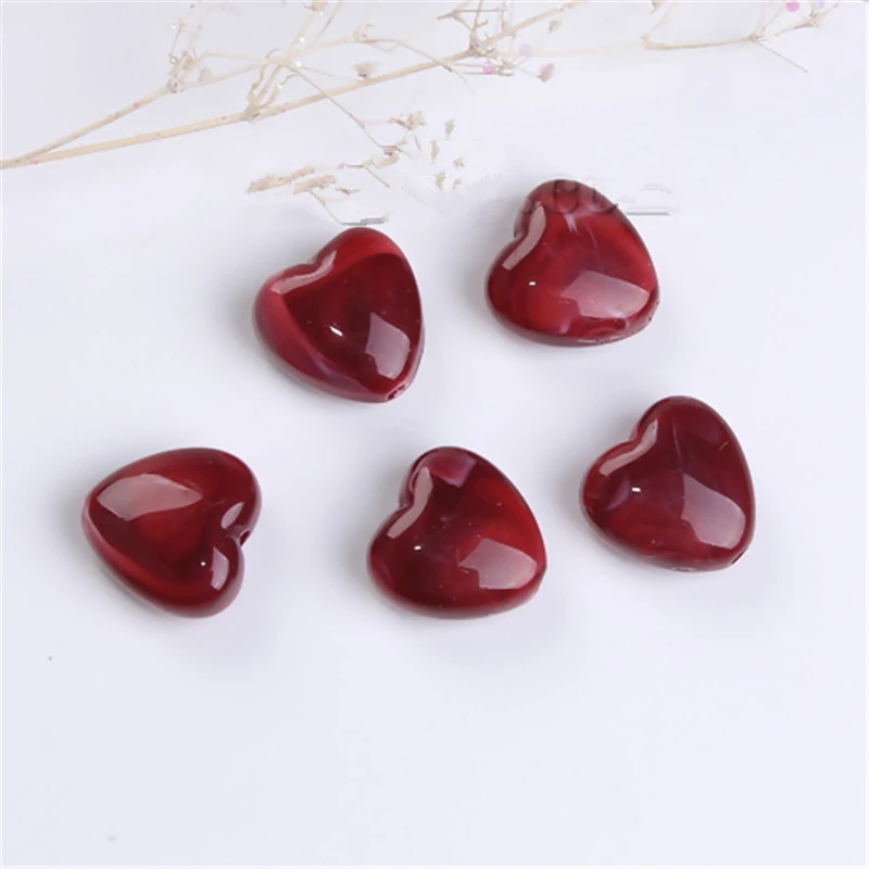 Doreen Box 10 PCs Wine Red Heart Acrylic Beads Marble Effect for DIY Jewelry Making Beads Findings 14x14mm, Hole: Approx 2.2mm,