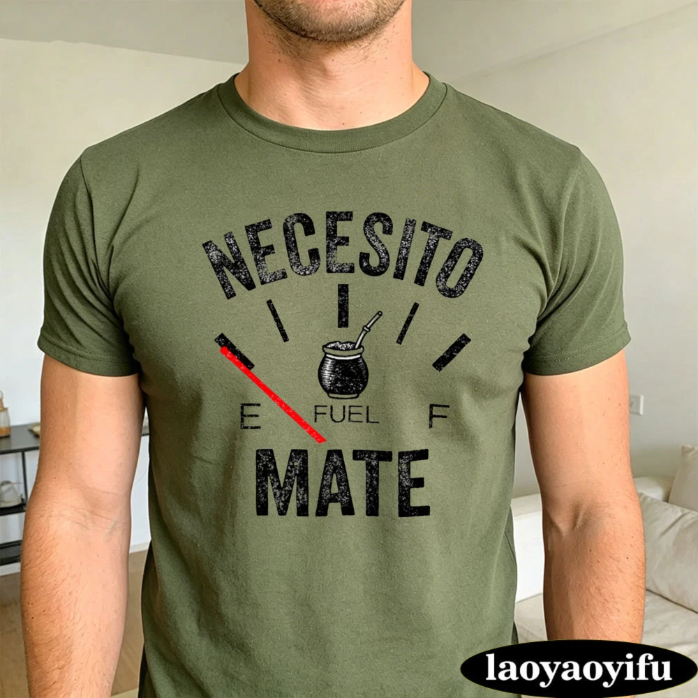 Fuel Gauge Yerba Mate Necesito Mate Spanish Summer Men Cotton T-Shirt Latin Culture Retro Graphic Short Sleeve Shirt
