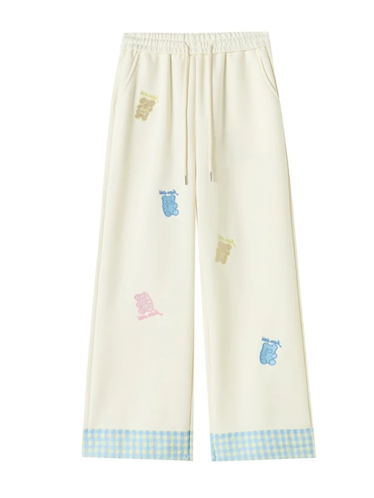 Cartoon Embroidered Wide Leg Pants Women's High Waist Dstring Straight Leg Casual Sports Sweatpants Asymmetrical Design Co...