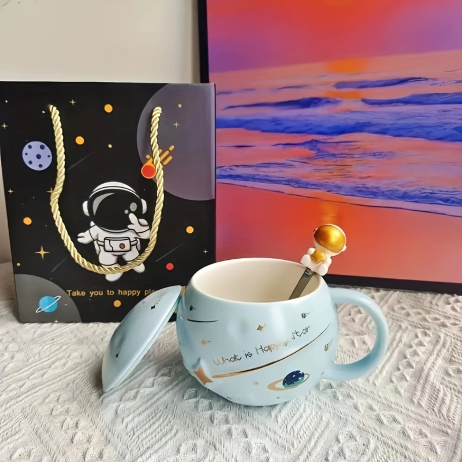 Astronaut Ceramic Coffee Mug with Lid and Spoon - 3pcs Embossed Planets Design, Insulated Oval Cup, Hand Wash Only, Reusable Mul