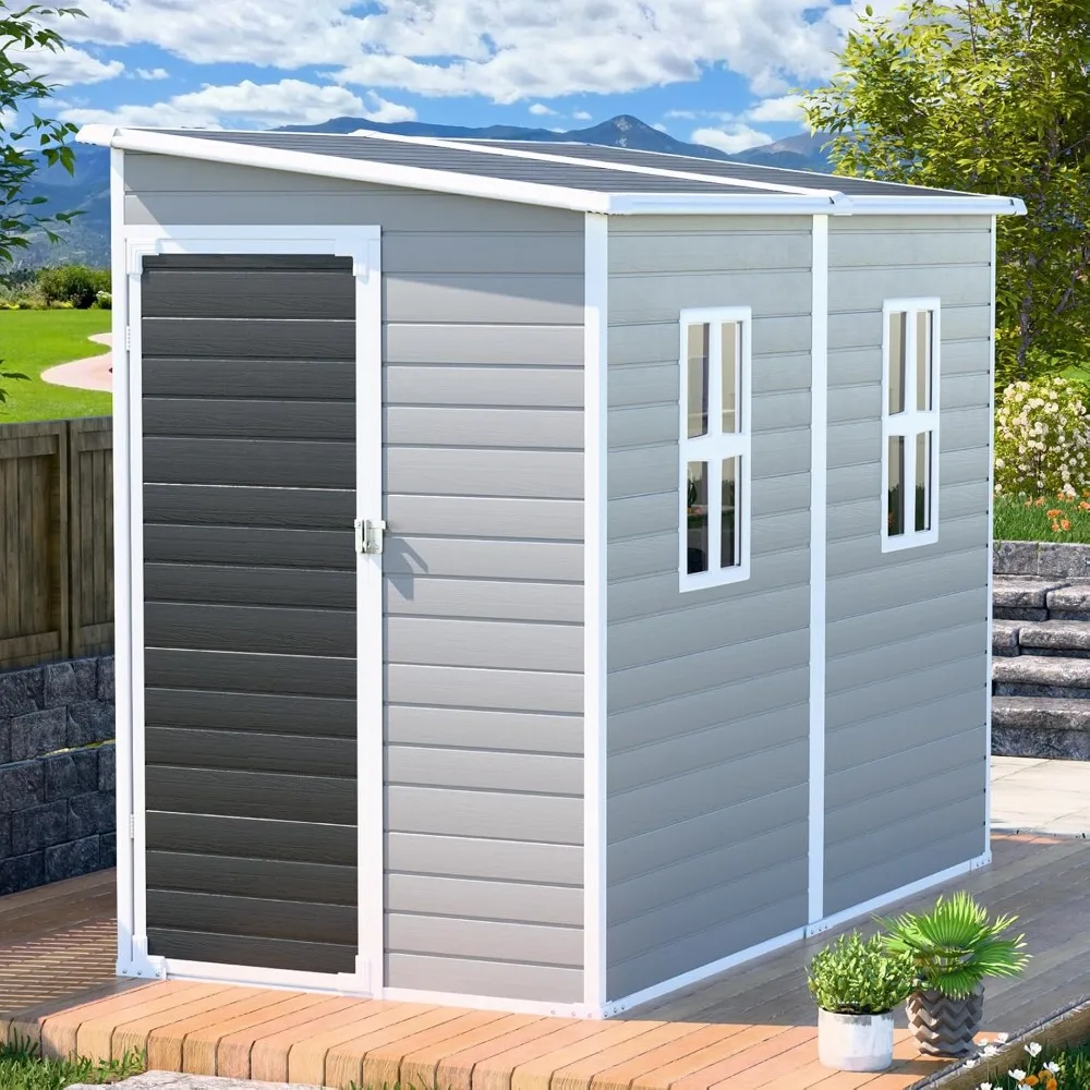 

Outdoor Resin Storage Shed 8 x 4 x 6 FT Sheds Kit with Floor Included 2 Windows Lockable Door,Waterproof Plastic Lean to Sheds
