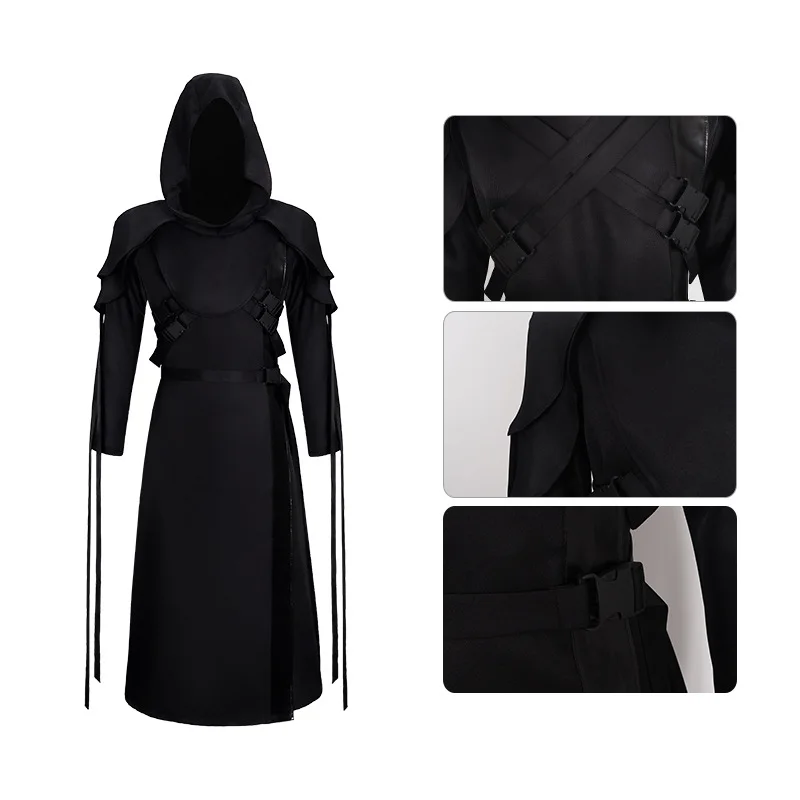 Horror Ghost Face Killer Cosplay Black Hooded Robe with Belts Medieval Assassin Cloak Halloween Party Costume view 5