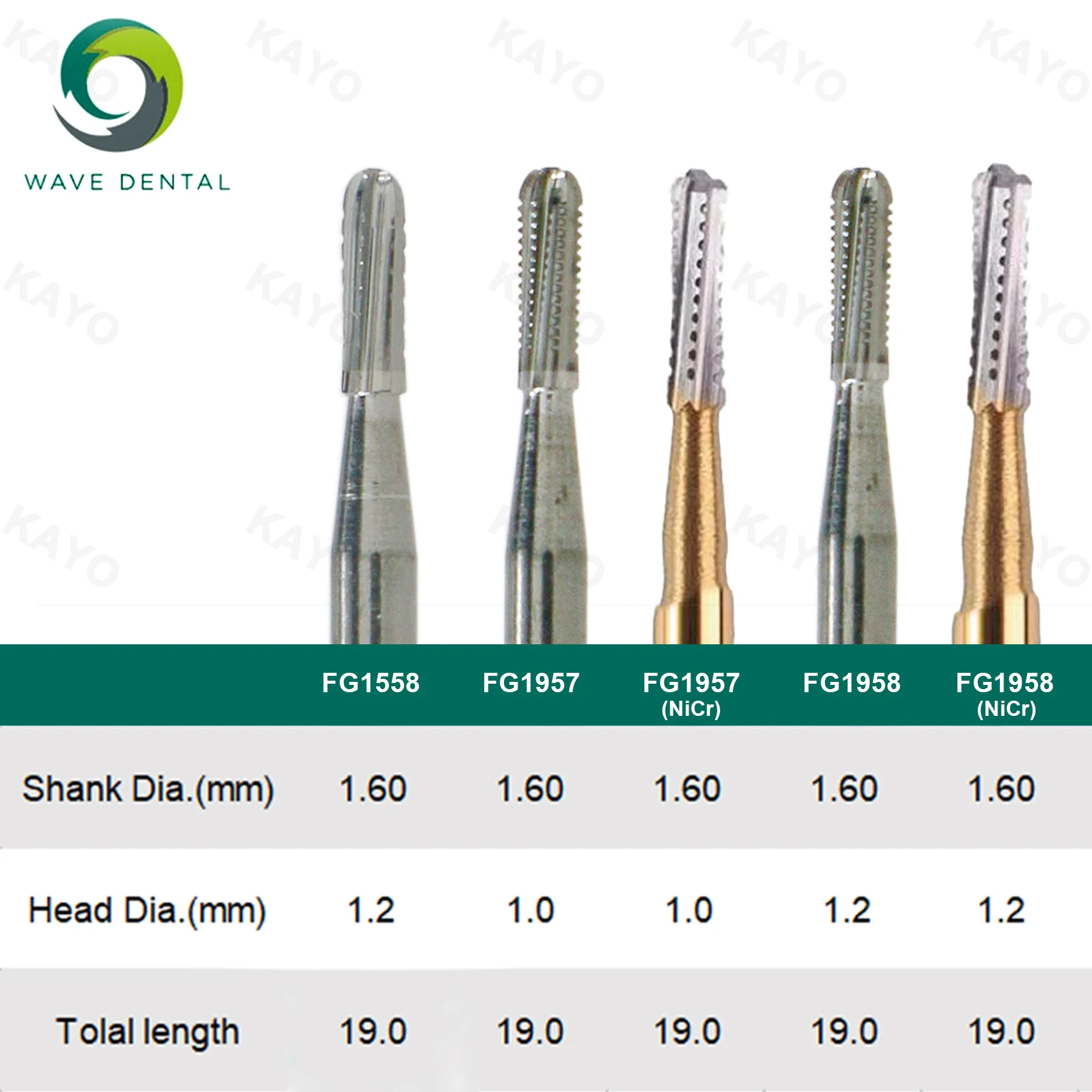 WAVE Dental Tungsten Burs Trimming Finishing Drills 12 Bladed Head Gold Plated Burs FG 1.6mm For High Speed Handpiece 5pcs/Pack