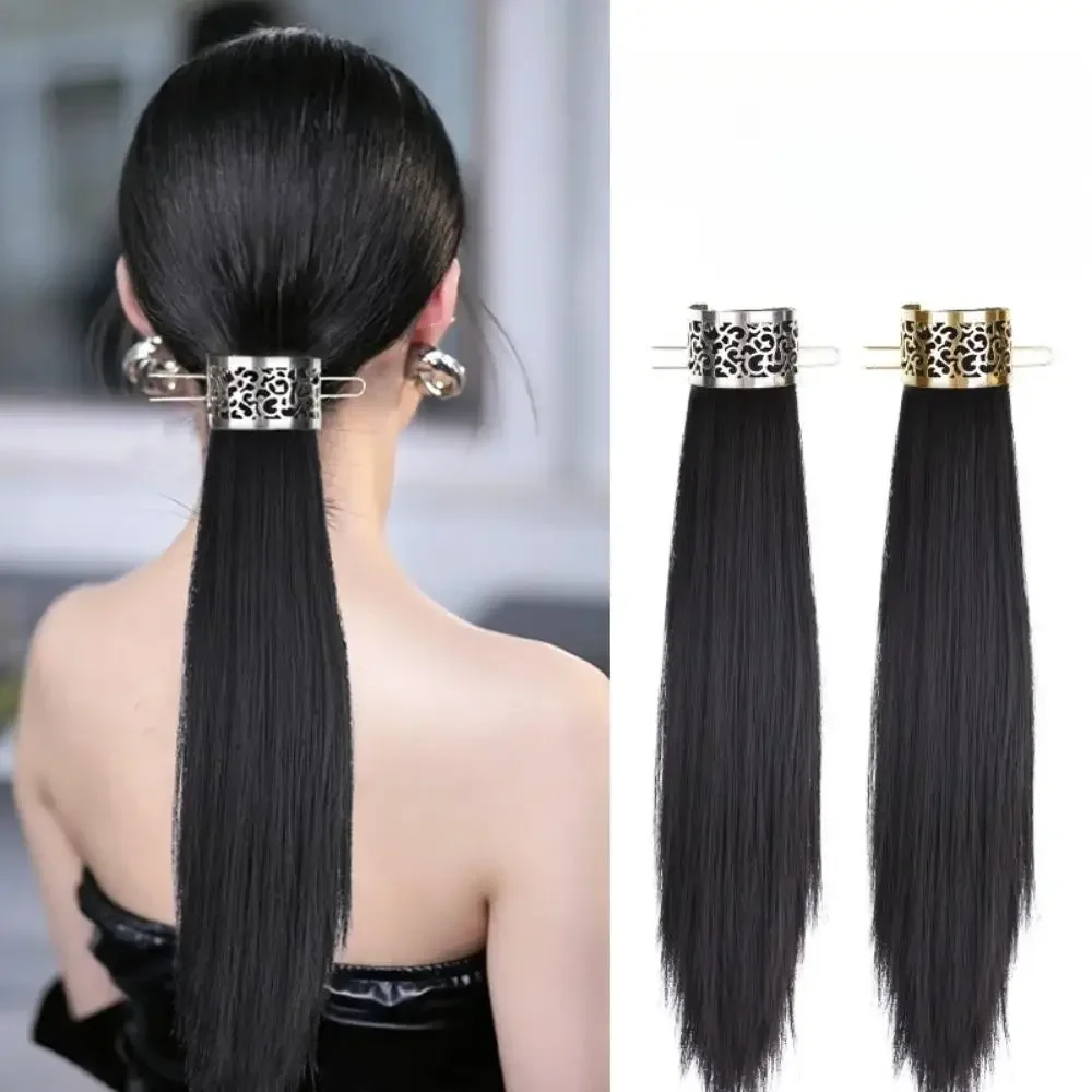 Wig sintetis wanita, Wig logam berongga, kuncir ekor kuda, simulasi gaya China, ekstensi rambut panjang keriting lurus, lembut serbaguna