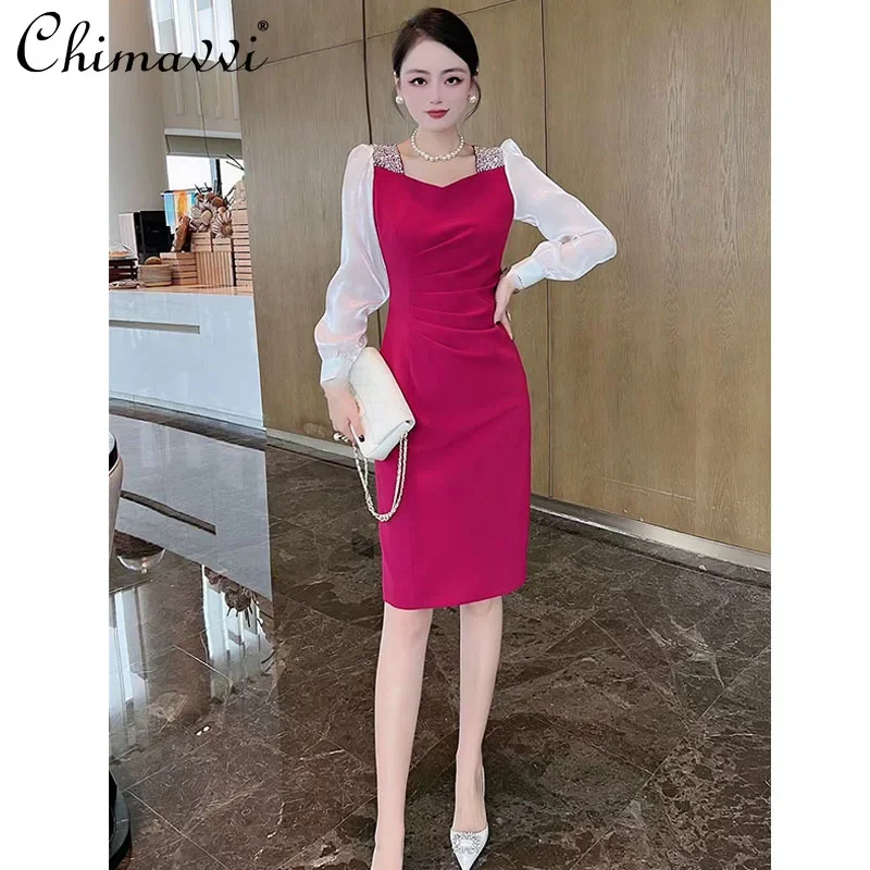 

2024 Autumn New European Goods Light and Mature Temperament Heavy Industry Nail Beads Slim Hip Wrap Dress For Women