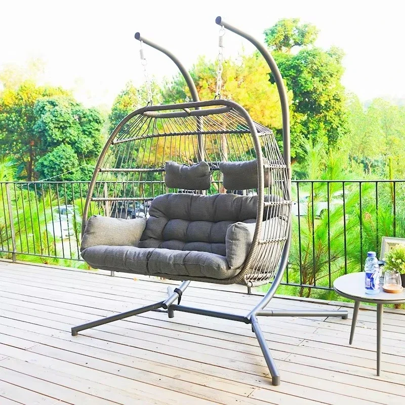 Modern minimalist design of outdoor rattan egg-shaped double-layer folding basket chair