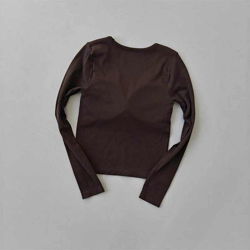 Yoga-Bekleidung T-Shirt Damen U-Ausschnitt Brustpolster Schlankmachendes Sport-Top Langärmeliges Stretch-Oberteil Pilates Fitness-Bekleidung – Detail 4