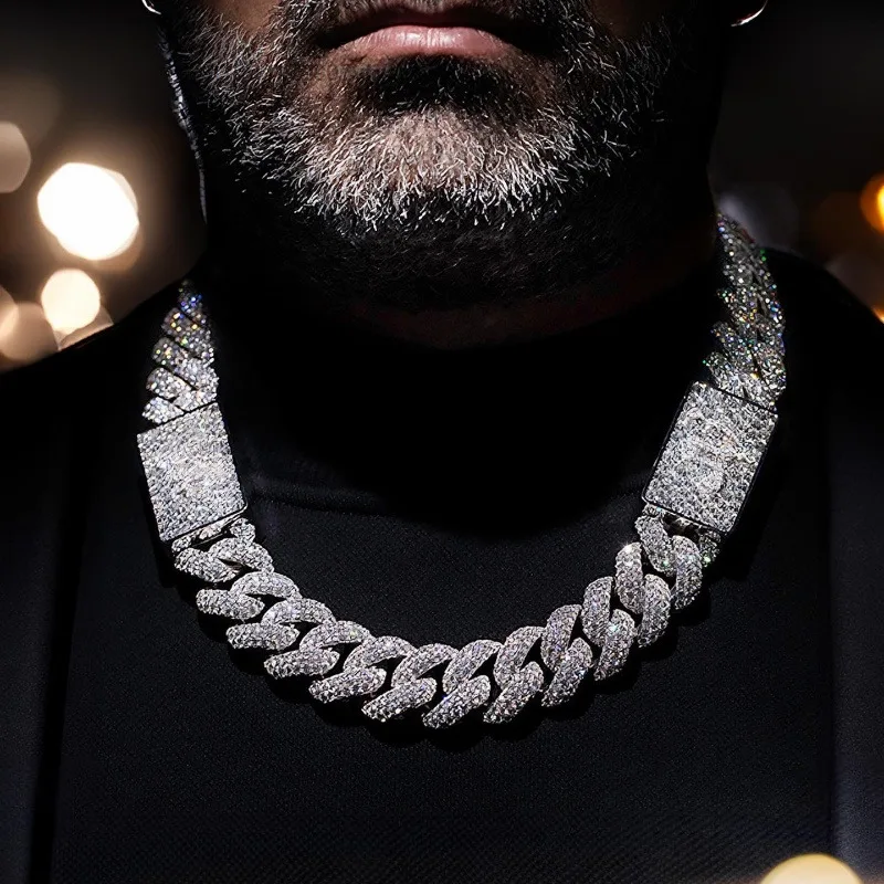 Hiphop 20MM Cuban Link Chain Iced Out VVS Custom Double Clasp 925 Sterling Silver Moissanite Cuban Chain.