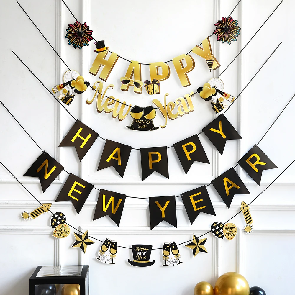 2025 Happy New Year Glitter Black Gold Banner Pull Flag Spiral Hanging Decor New Eve Party Supplies Home Christmas Decoration