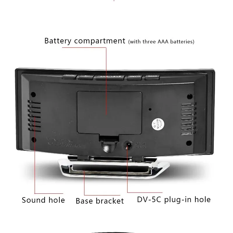 Creative Curved Electronic Clock, LED Large Screen Plug-in Battery Dual-purpose Mirror Alarm Clock, Student Bedroom Dedicated 2