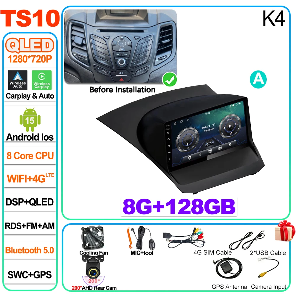 Auto radio Carplay Android 16 voor Ford Fiesta Mk 6 2009 2010 2011 2012 2013 2014 -2018 Radio Multimedia Videospeler Scherm GPS