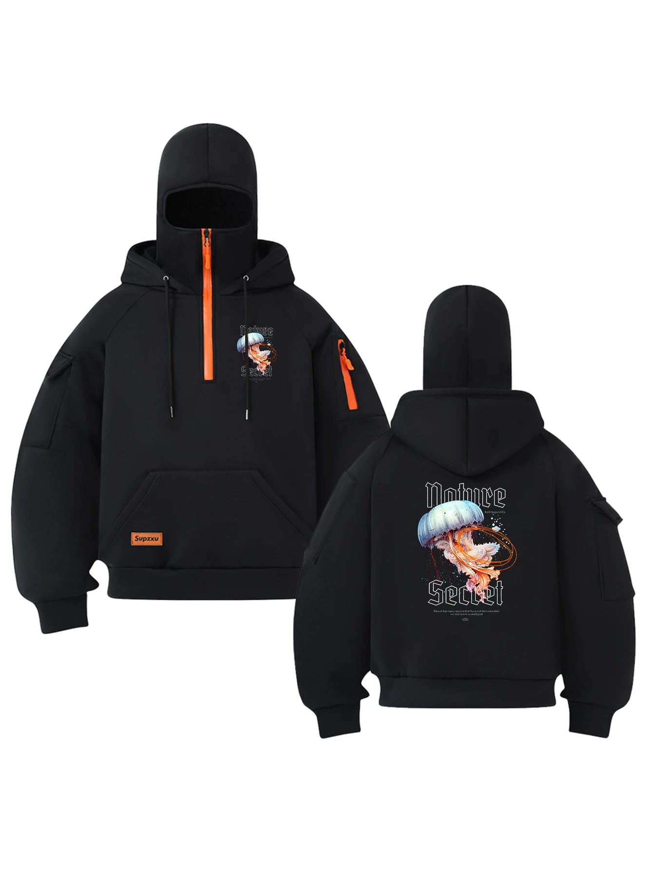 

2026 Men's Patter Print Hoodie Multi-pocket Half-Zip Double Hood Autumn Winter Street Fashion Casual Sports Pullover Hoodies