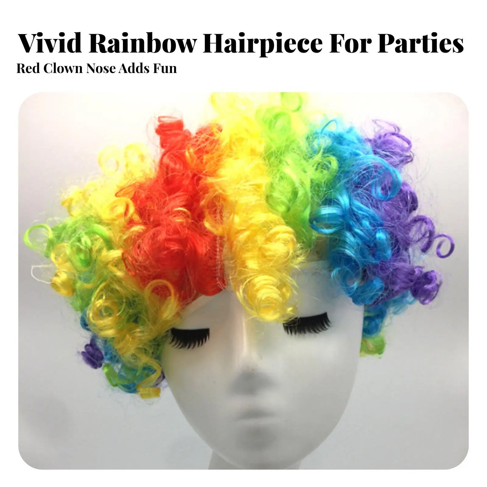 Breathable Polyester Rainbow Wig for Cosplay Stage Show with Red Nose for Party Laughs