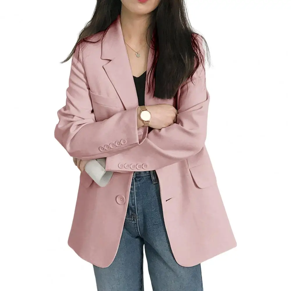 Office Ladies Blazers Business Blazer Women Solid Color Cardigan Turn-down Collar Flap Pockets Button Decor Lady Spring Coats