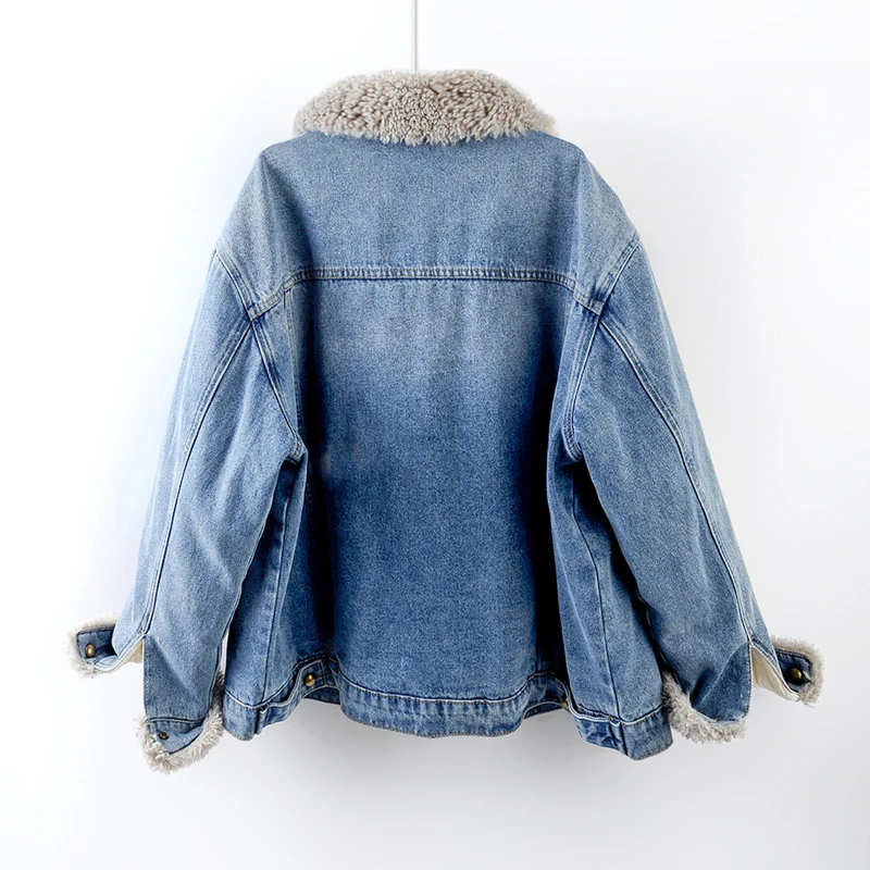 عالية الجودة فو امبسوول التلبيب سميكة الدافئة أسفل بطانة الدنيم سترة الشتاء المرأة معطف أزرق عادية كم طويل كاوبوي ملابس خارجية #2